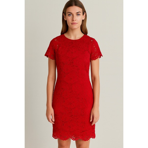 Lauren Ralph Lauren Red Sheath Dress Floral Lace Holidays Party Valentines 8P - Picture 1 of 13